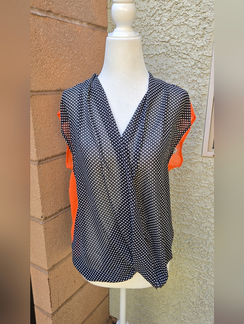 August Silk Polka Dot V-Neck Blouse with Orange Side Panels